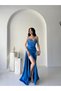 Blue Draped Slit Satin Evening Dress with Stone Detail on the Bust - 2