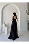 Black Square Neck Strap Satin Evening Dress - 5
