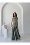 Khaki Stone Strap Low Sleeve Satin Evening Dress - 3