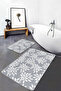 Set of 2 Classical Patterned Floral Simple & Stylish 2-Piece Bathroom Mat Set with Leaf Motif on Gray and White Floor - 3