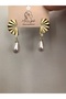Gold Pearl Detail Fan Model Hanging Stainless Steel Shiny Earrings