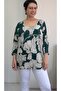 Khaki Green Ecru Leaf Print V-Neck Bat Three-Quarter Sleeve Combed Viscose T-Shirt - 6