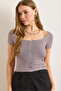Women's Lilac Button Detailed Soft Textured Crop T-Shirt Tsh-19000932 - 5