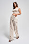 Women's Beige Striped Color S5-101 Waist Lace-Up Loose Cut Linen Fabric Trousers - 3