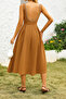 Brown Pearl Detail A-Line Sleeveless Backless Scuba Fabric Midi Length Dress - 2