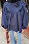 Floral Detailed Ribbed Blouse Navy Blue - 3