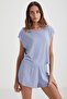Women's Comfortable Home Wear Set – Summer Model with Indigo Shorts C8T5N49 - 2