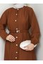 Women's Waist Belted Button Detailed Strawberry Fabric Brown Dress - 4