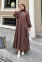 Front Half-Button Detail Muslin Fabric Modest Dress Brown