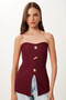 Women's Burgundy Gold Accessory Strapless Ribbed Knitted Blouse Zv00331 - 3