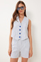 Women's Ecru Blue Striped Linen Vest Shorts Set Bv00133 - 3