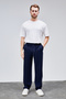 Men's Seasonal Navy Blue Double Pleated Relaxed Fit Elastic Waist Wide Leg Baggy Trousers Albert-1989 - 2