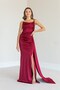 Women's Slit Detail Fish Cut Satin Fabric Chest Draped Maxi Length Claret Red Dress 39461 - 4