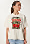 Printed Cotton Knitted T-Shirt Cream Lus0147 - 3