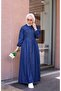 Buttoned Long Denim Hijab Dress Dark Blue - 3