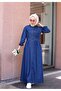 Buttoned Long Denim Hijab Dress Dark Blue