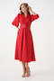 Stretch Fabric Short Balloon Sleeves V Neckline Belt Detail Flared Cut Midi Length Red Evening Dress 3602 - 4