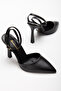 Women's Black Skin Strap Heeled Shoes - 3