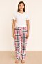 Pink Plaid Patterned Women's Pajama Bottoms Combed Cotton Ribbon Detailed Thin Women's Pajama Without Pockets
