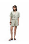 Buttoned Short Sleeve Lined Linen Crop Blazer Jacket with Pockets - 2