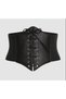 Women's Black Faux Leather Eyelet Detailed Wide Flexible Rubber Corsage Lace-up Belt 1482