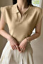 Women's Anti-Sweat Sleeveless Stylish Design Zero Sleeve Polo Neck Relaxed Cut Mink Blouse - 3
