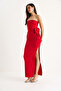 Women's Red Floral Accessory Slit Detailed Strapless Maxi Dress 2602 60283331 - 3