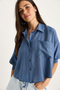 Women's Indigo Self-Striped Half Sleeve Single Pocket Detailed Shirt 2108 60283328 - 5
