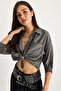 Women's Anthracite Self-Striped Half Sleeve Single Pocket Detailed Shirt 2108 60283328 - 2