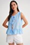 4717 Women's Front Lace Ruffle Sleeveless Linen Blouse Blue