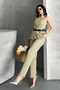 Women's Double Bottom Top Set Stylish Belted Button Detailed Crew Neck Regular Vest Pants Set - 6