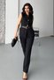 Women's Double Bottom Top Set Stylish Belted Button Detailed Crew Neck Regular Vest Pants Set - 5