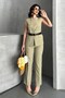 Women's Double Bottom Top Set Stylish Belted Button Detailed Crew Neck Regular Vest Pants Set