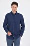 Navy Blue Long Sleeve Plain Lattice Oval Collar Casual Comfort Fit Shirt 1004250249