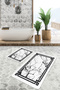 Black - White Framed Motif Marble Geometric Avangarde 2-Piece Bathroom & Kitchen Mat Set on the Floor - 2