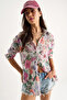 Women's Beige Purple Patterned Digital Printed Regular Summer Knitted Shirt 60282014