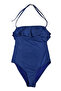 Ruffled Plain Strap Navy Blue Women's Swimsuit - 2