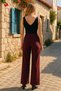 Buckle Detailed Wide Leg Trousers Burgundy - 6