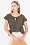 Women's Dark Khaki Bat Sleeve Collar Tie-Up Skirt Ruffled Oversize Crop Blouse Arm-24Y001088 - 2