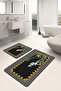 Geometric Floral 2-Piece Bathroom & Kitchen Doormat Set with Framed Motifs on Black Floor