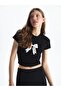 Xside Black Crew Neck Ribbon Printed Women's T-Shirt