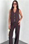 Women's Brown Buttoned Pencil Pants Vest Bottom Top Set - 7