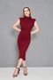 Women's Crepe Fabric Stand Collar Accessory Design Draped Burgundy Midi Evening Dress 4409 - 5