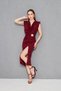 Women's Burgundy Crepe Fabric Slit and Accessories Design Degaje Collar Draped Midi Dress 77130 - 7