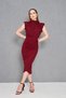 Women's Burgundy Crepe Fabric Stand Collar Accessory Detailed Draped Midi Dress 4409 - 6