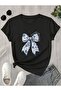 Blue Floral White Ribbon Printed Cotton Combed Black T-Shirt