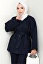 Belted Jacket Trousers Gabardine Suit 1557 - Navy Blue - 4