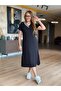 Women's Short Sleeve V Rib Collar Slit Midi Viscose Two Thread Dress - 2