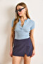 Women's Baby Blue Buttoned Raglan Sleeve Short Sleeve Blouse Blz-19002590 - 4