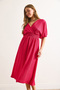 Women's Plain Fuchsia Waist Gipeli Double Breasted Collar Midi Dress Elb-19002100 - 5